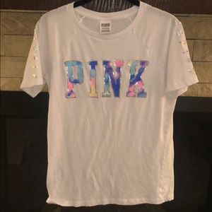 PINK white shirt with tie die letters